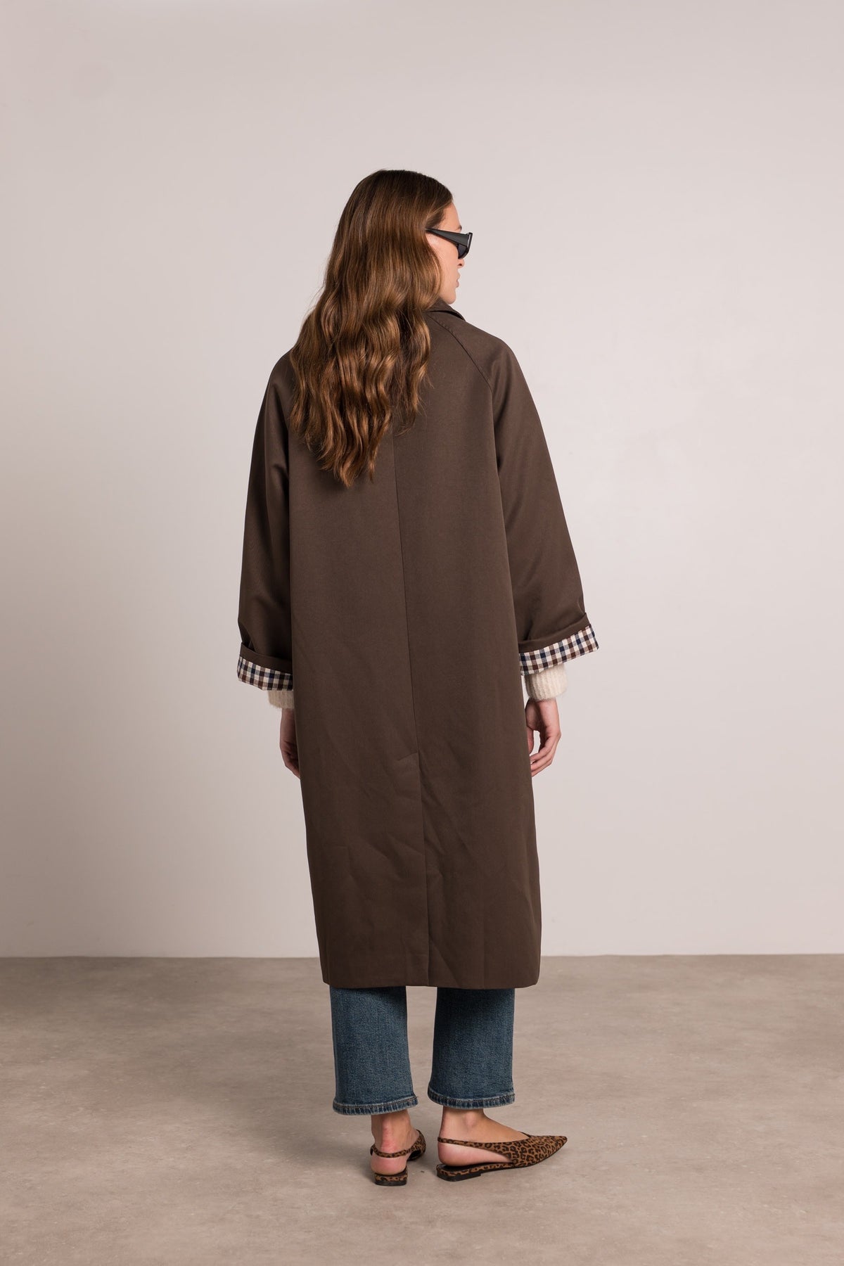 Veste Trench en coton, revers carreaux - YSEULT long Chocolat