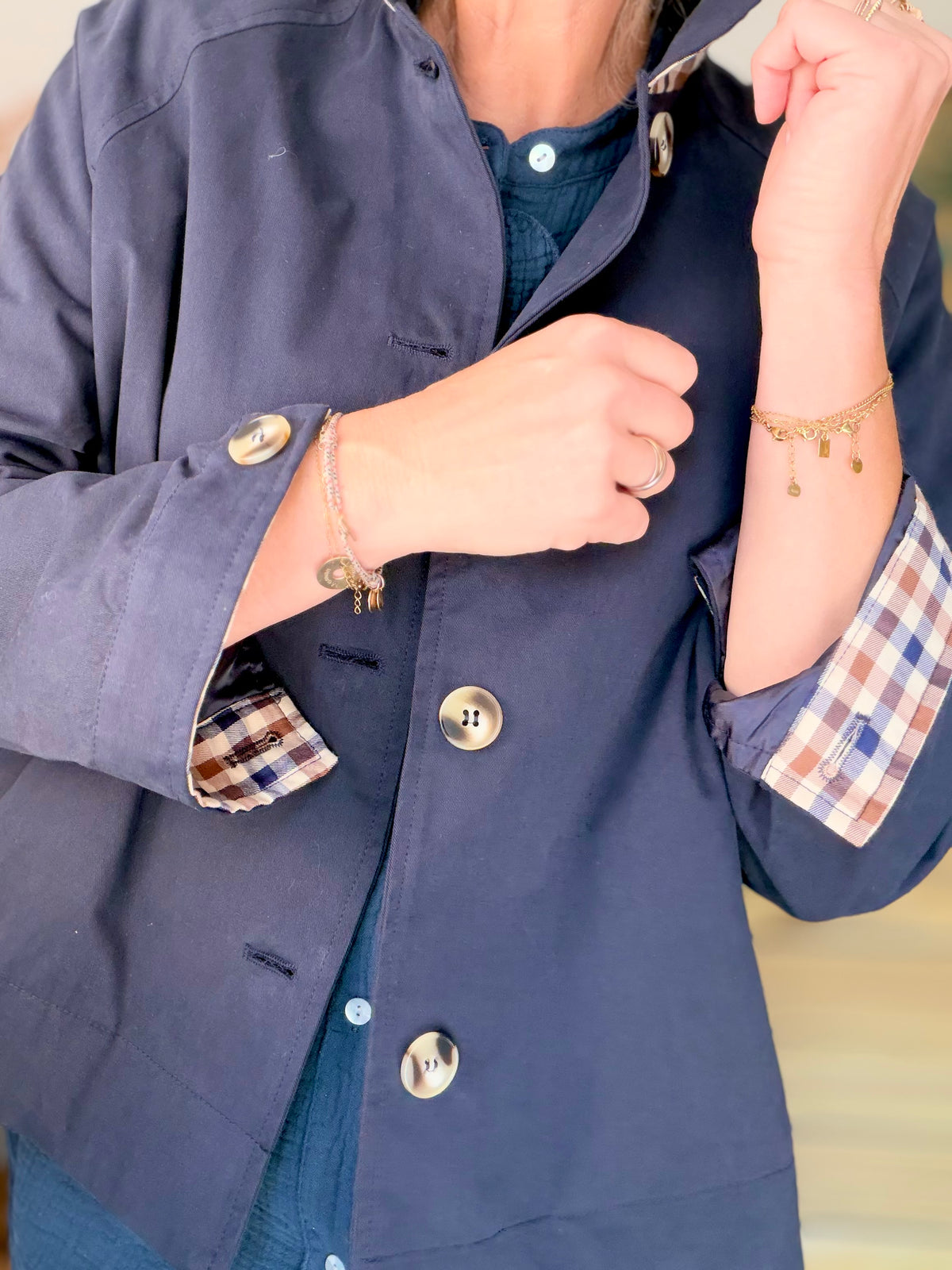 Veste Trench en coton avec carreaux - SOLÈNE Bleu marine • FIN DE SÉRIE