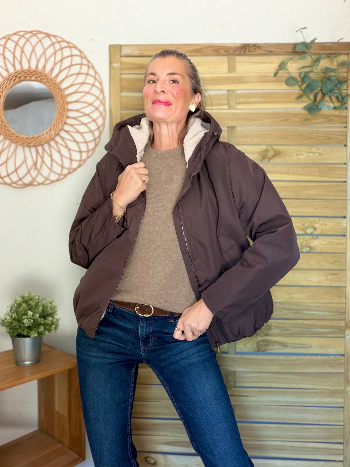 LAURA JO - Imperméable fourré sherpa EVA court - Chocolat