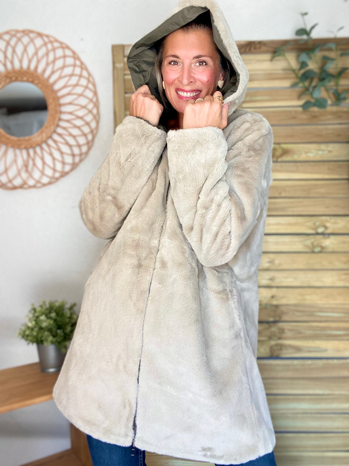 LAURA JO - Parka Imperméable réversible fourrée Kaki / Beige ALIX Long