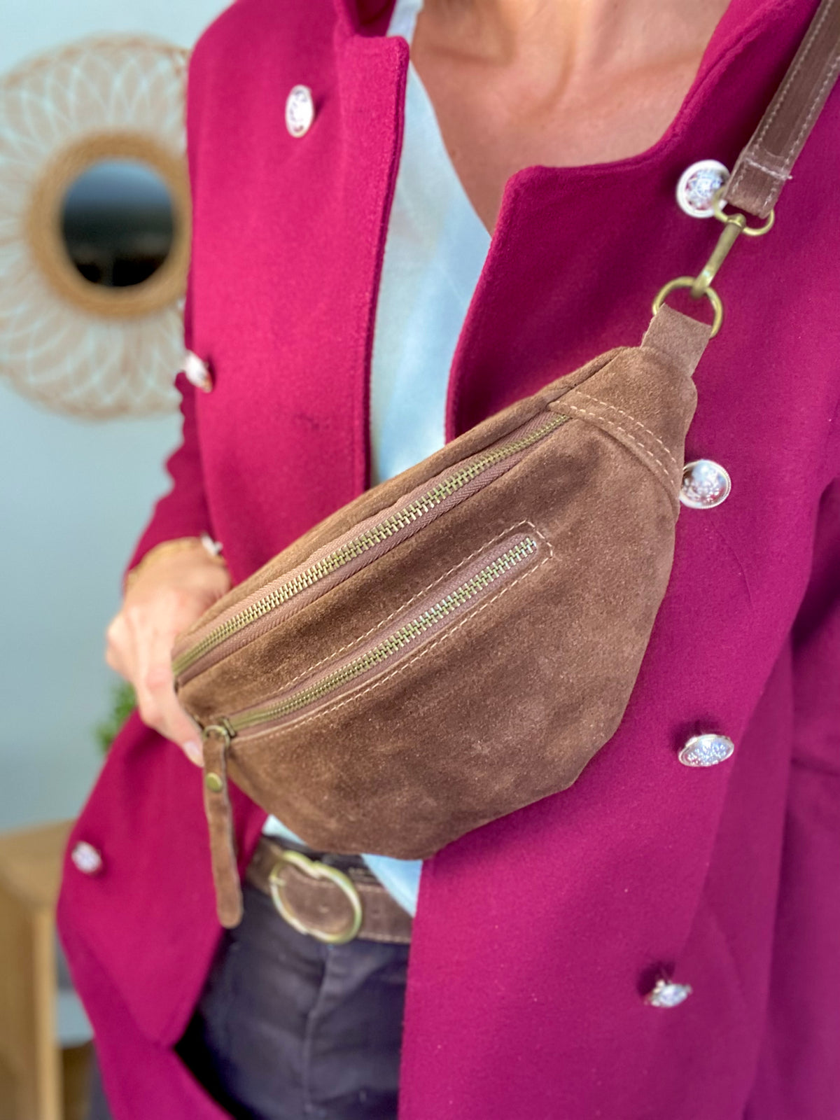 Sac banane double poche en cuir daim - OPALINE - Café