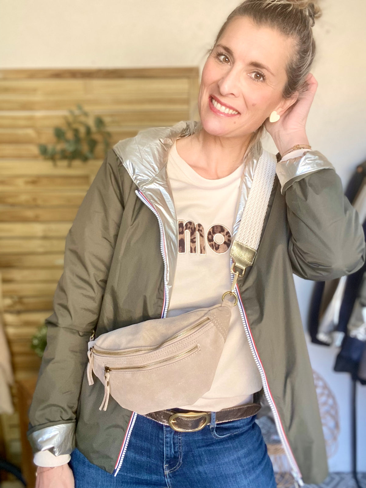 Sac banane double poche en cuir daim - OPALINE - Beige