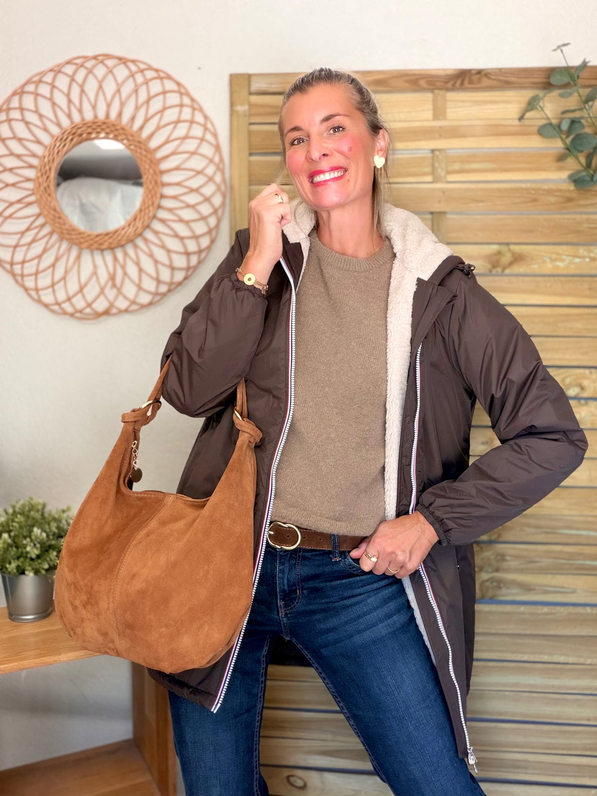 Sac besace hobo en cuir daim souple avec anneaux WILLIAM - Camel