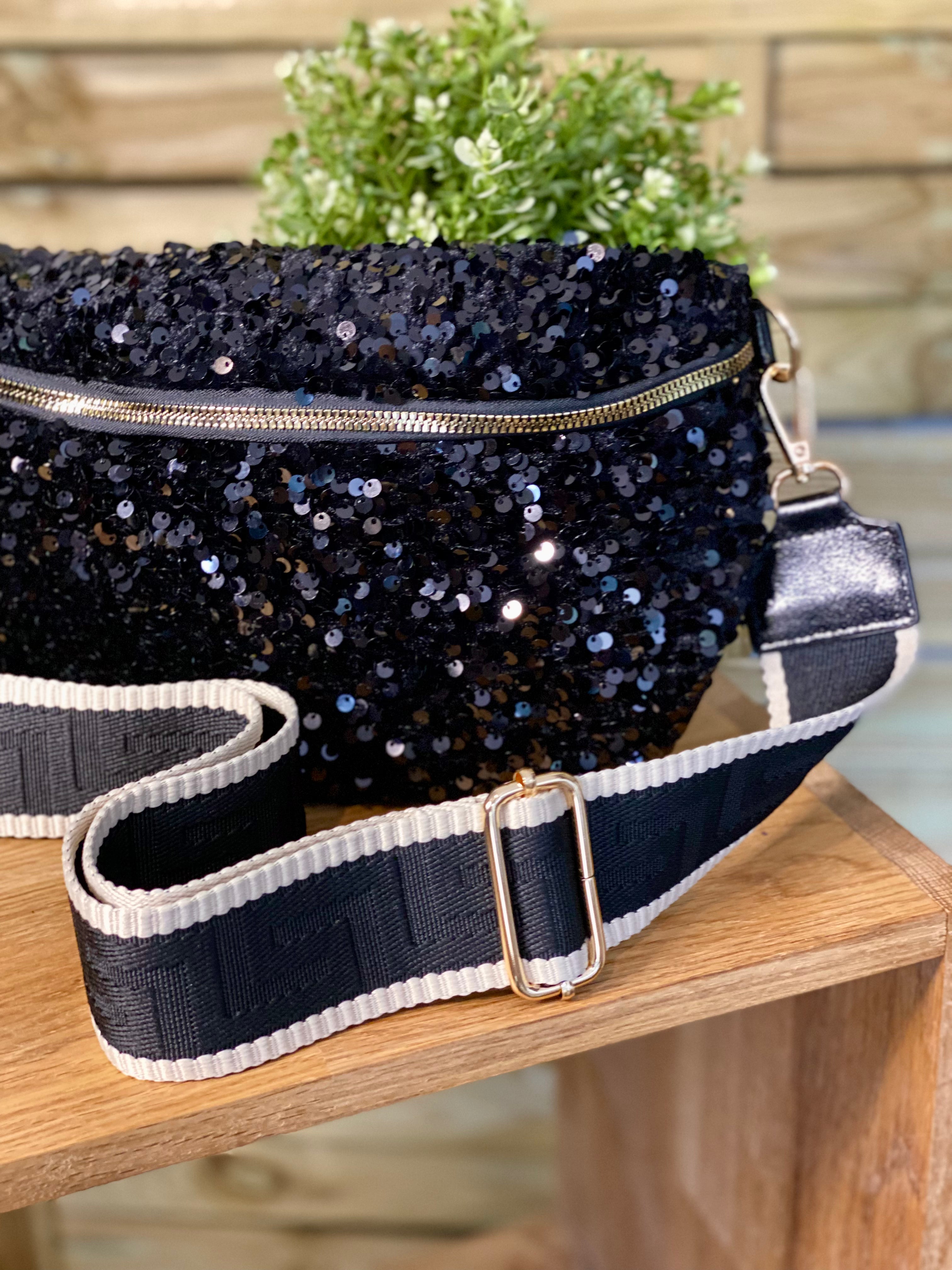 Sac banane L à sequins 30cm et sangle fantaisie - ROXY - Noir