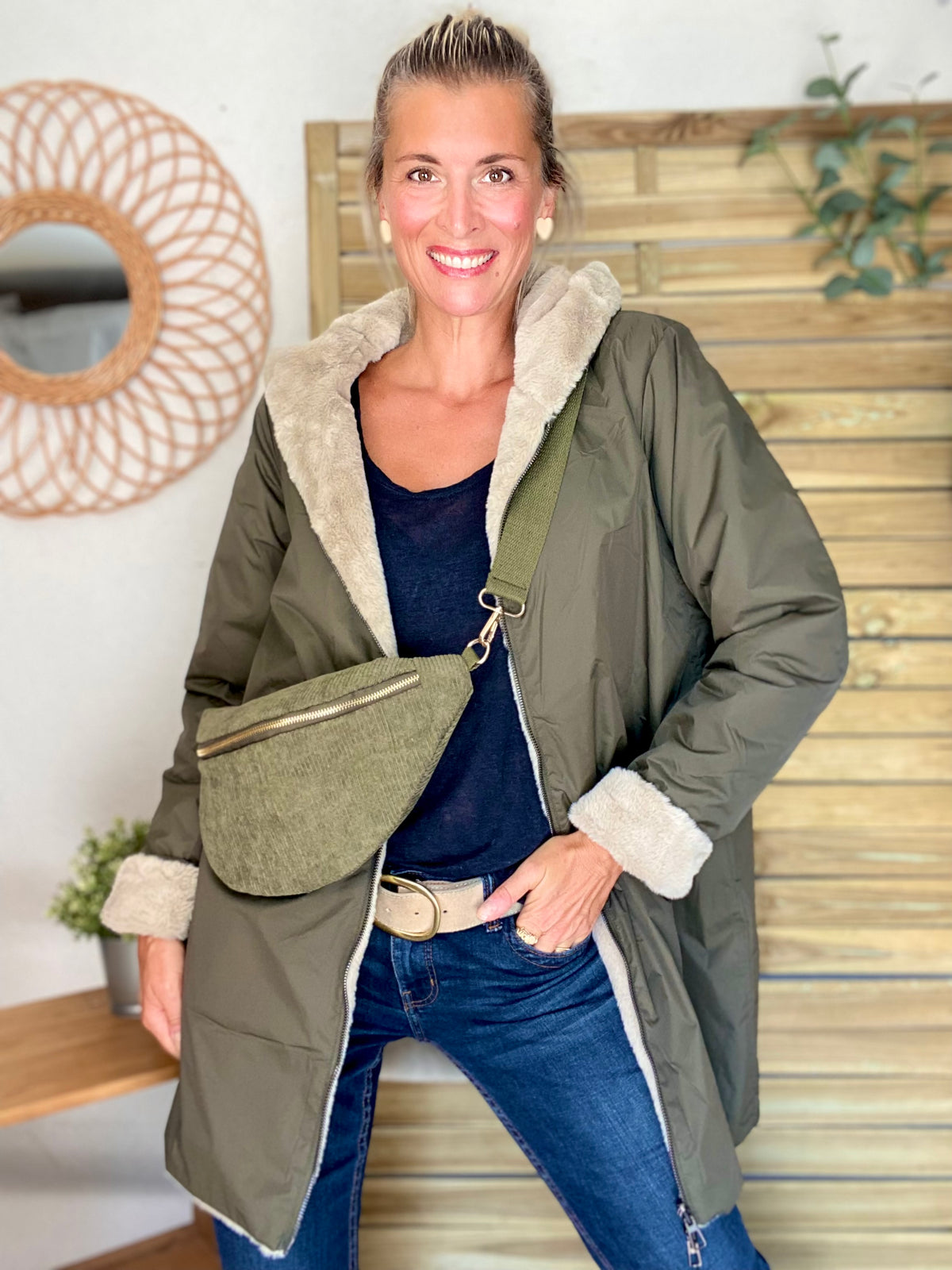 LAURA JO - Parka Imperméable réversible fourrée Kaki / Beige ALIX Long