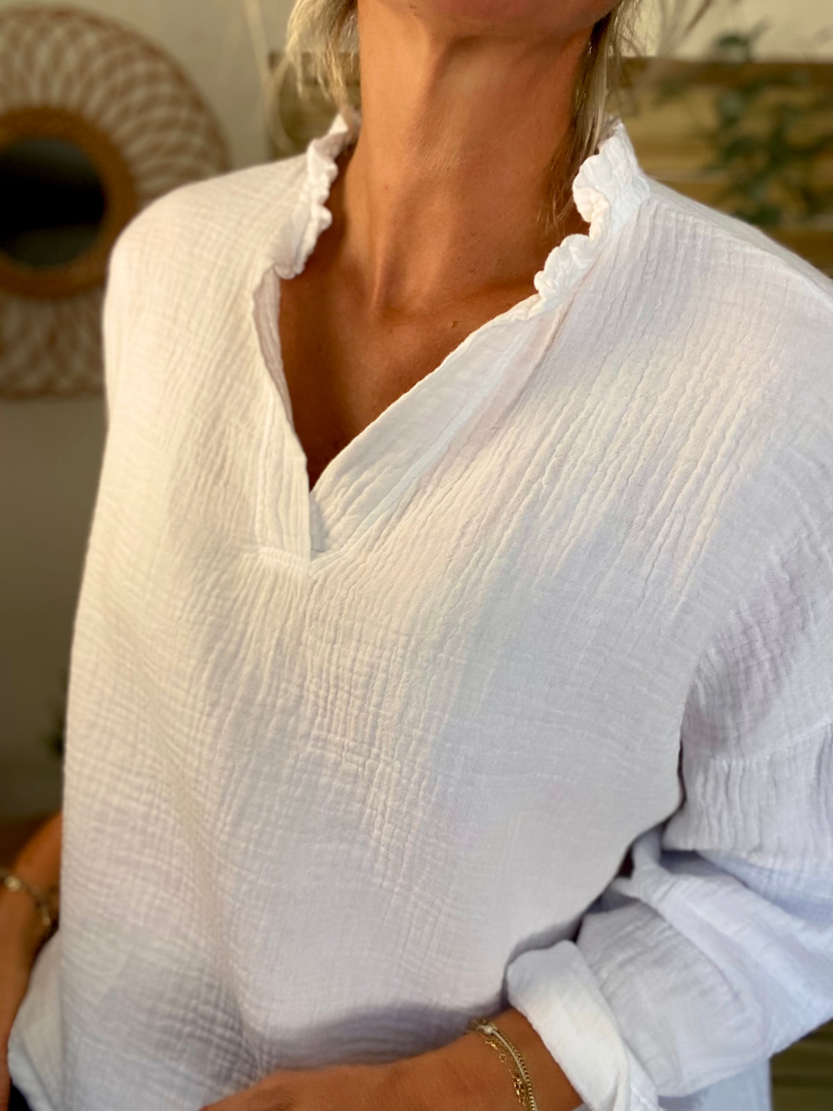 Blouse en gaze de coton SIERRA Blanche - manches longues • FIN DE SÉRIE