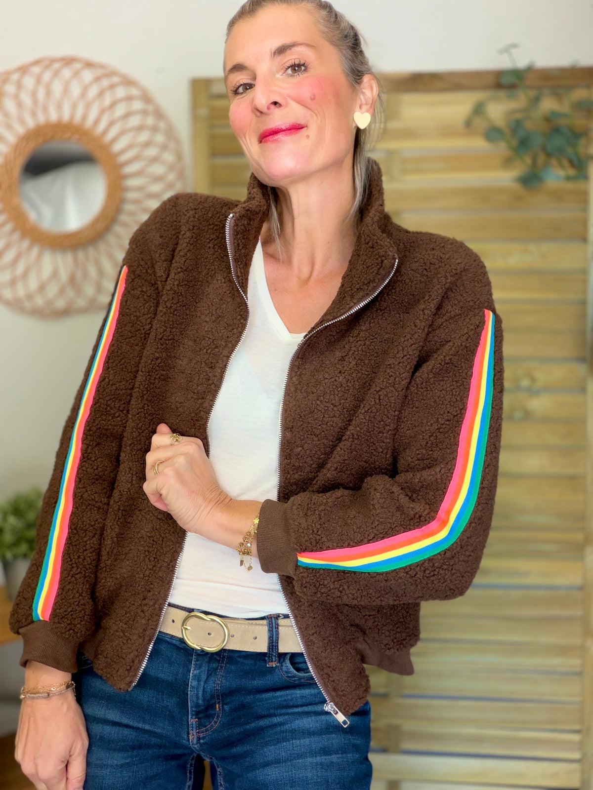 Veste Sherpa zippée bandes Arc-en-ciel CORALIE Chocolat 🌈