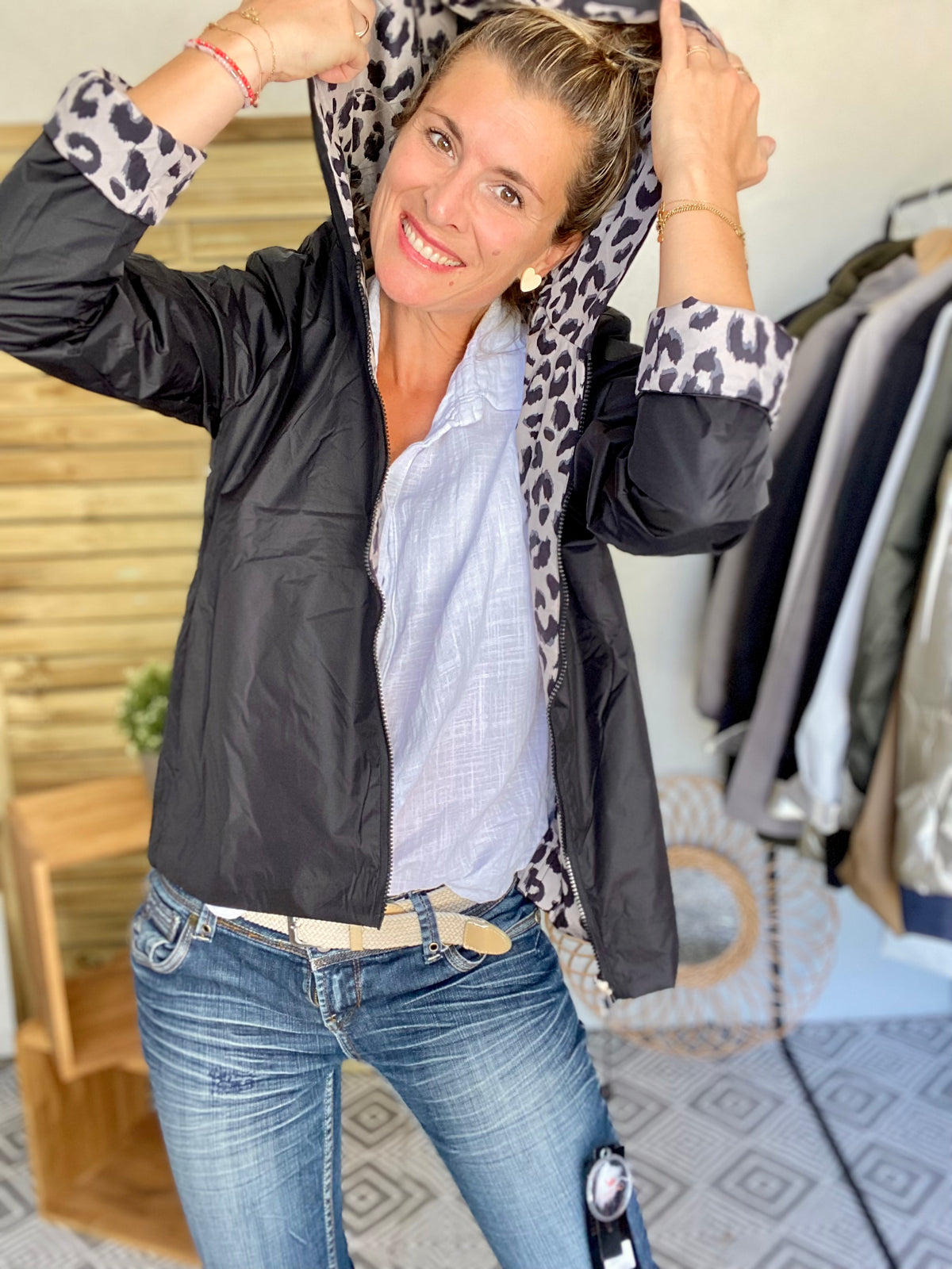 LAURA JO - Imperméable réversible rembourré LOUISON COURT - Noir / léo • DÉSTOCKAGE sur Taille XL