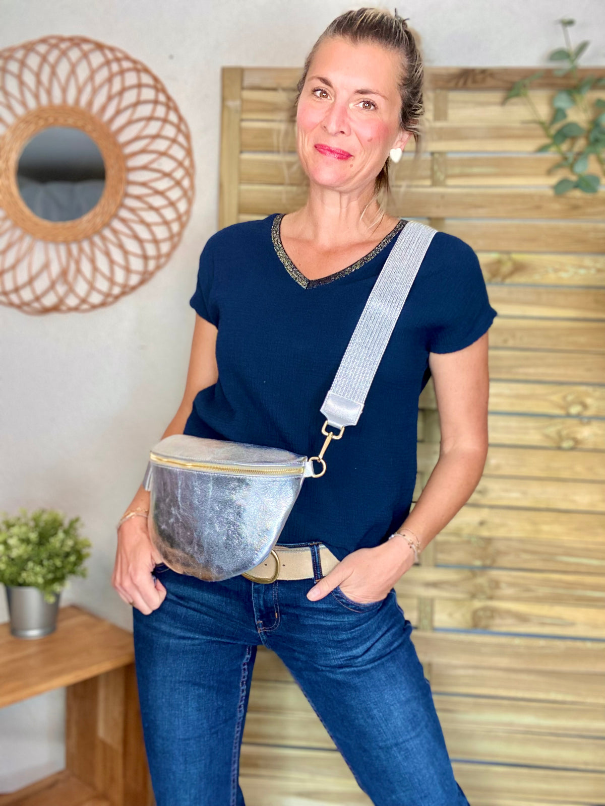 Top en gaze de coton et lurex MARTA - Bleu marine