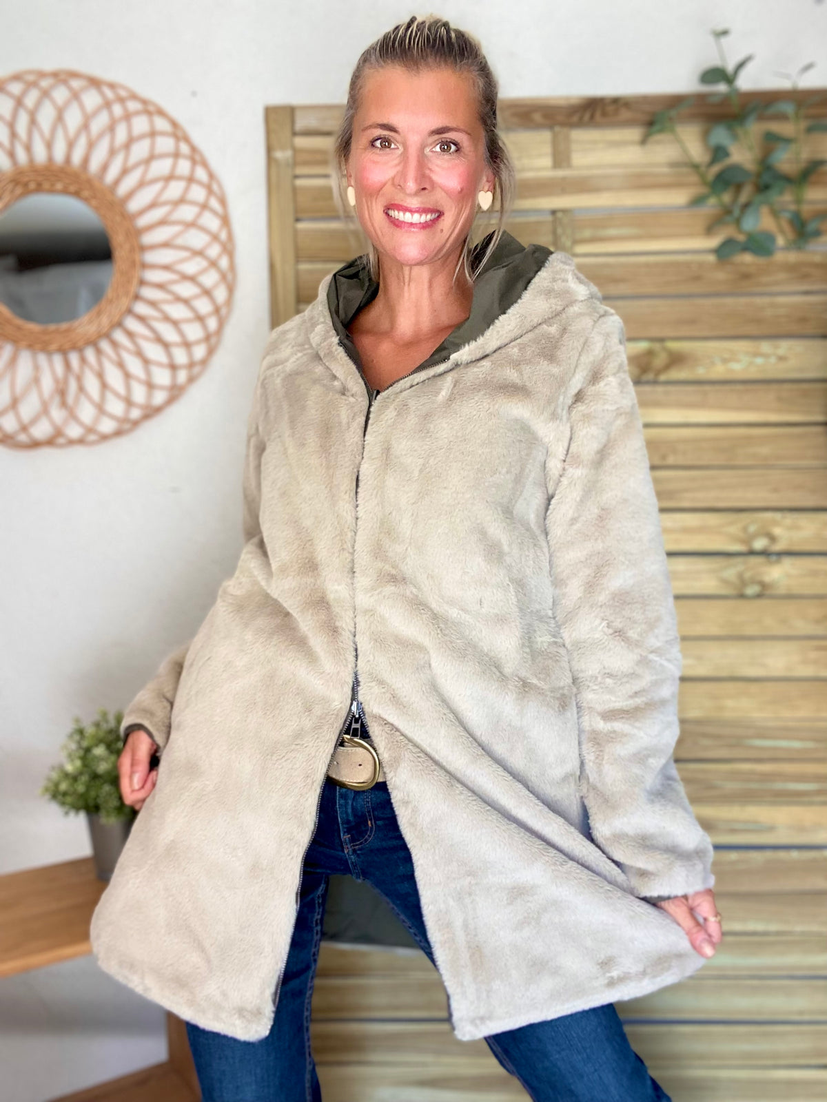 LAURA JO - Parka Imperméable réversible fourrée Kaki / Beige ALIX Long