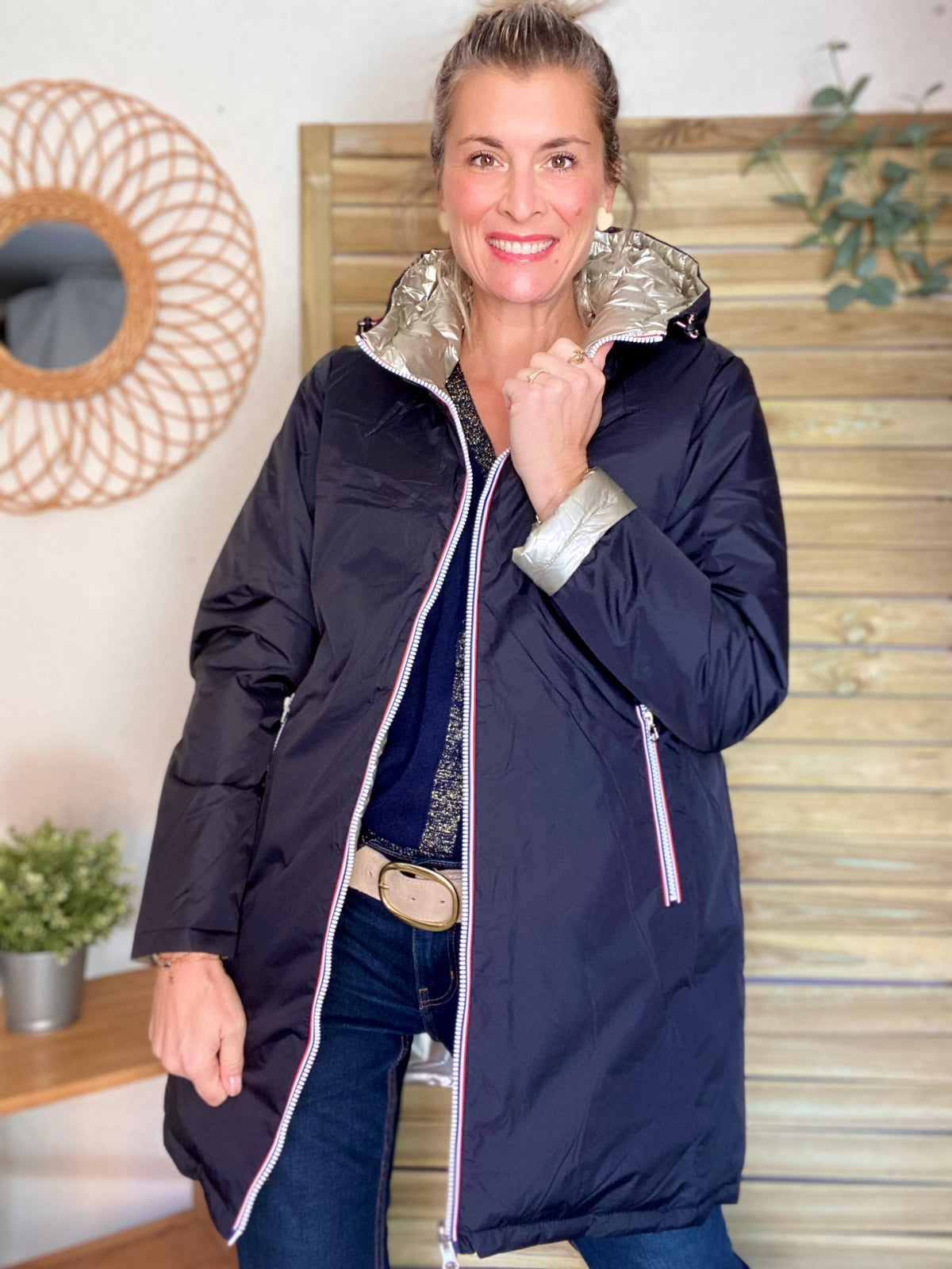 LAURA JO - Doudoune réversible imperméable longue INÈS - Noir / Doré - FIN DE SÉRIE