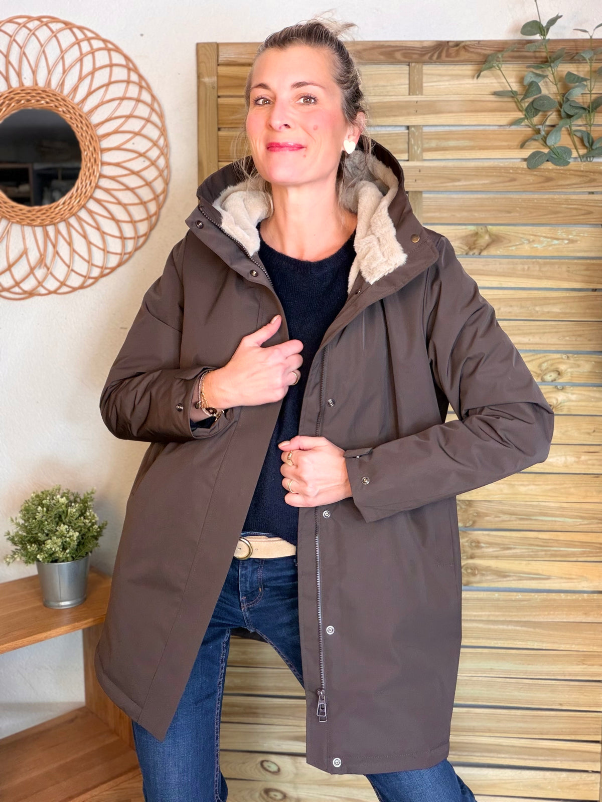 LAURA JO - Parka fourrée imperméable AMBRE LONG - Chocolat / Beige