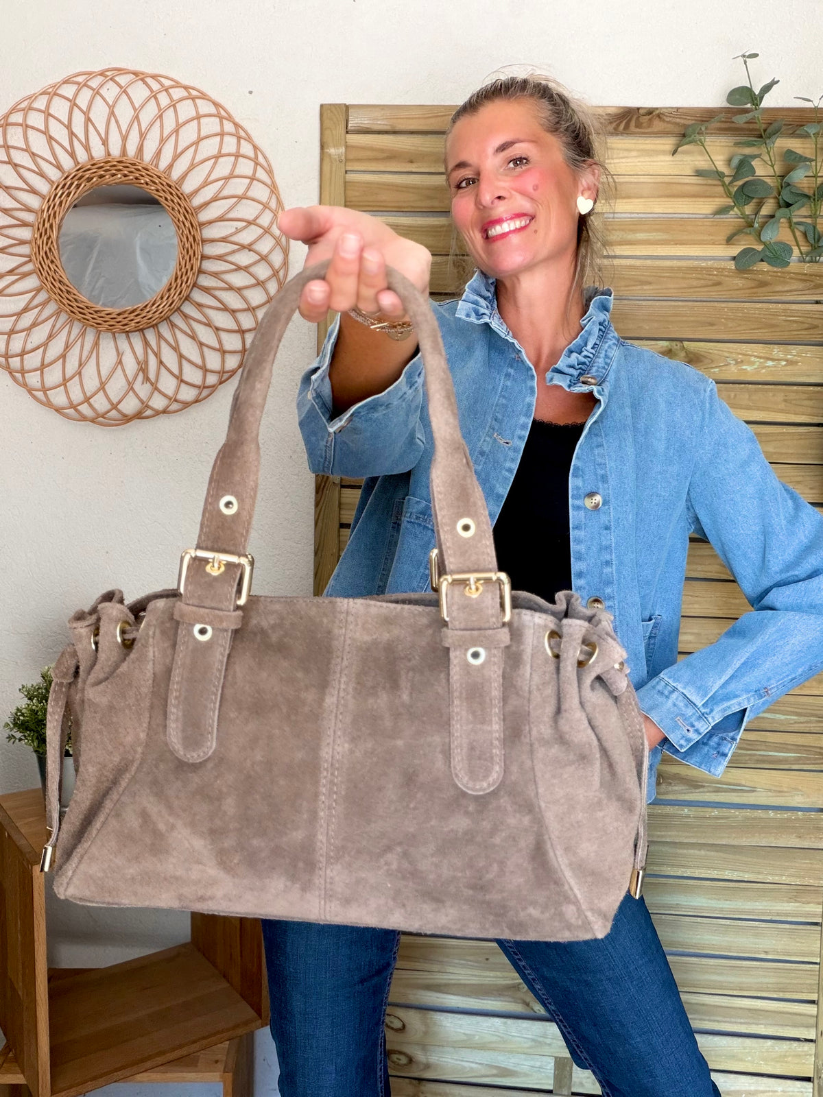 Sac à main en cuir daim GERY - Taupe