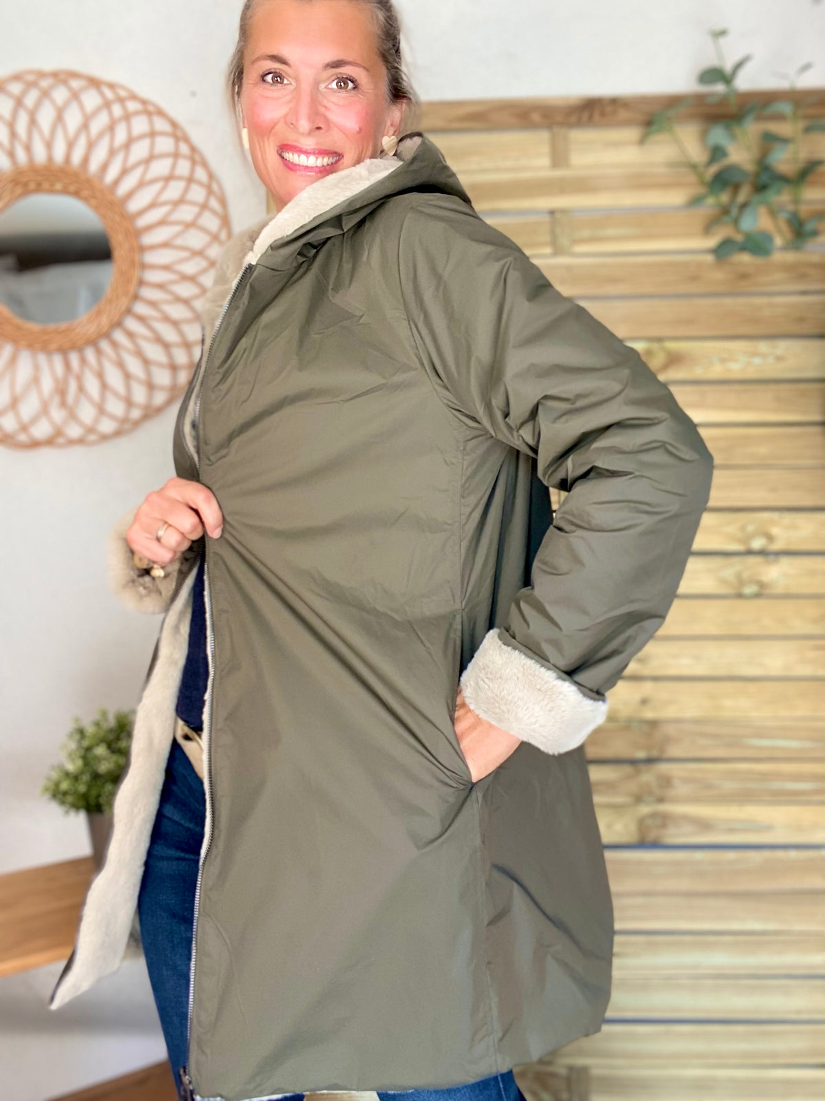 LAURA JO - Parka Imperméable réversible fourrée Kaki / Beige ALIX Long