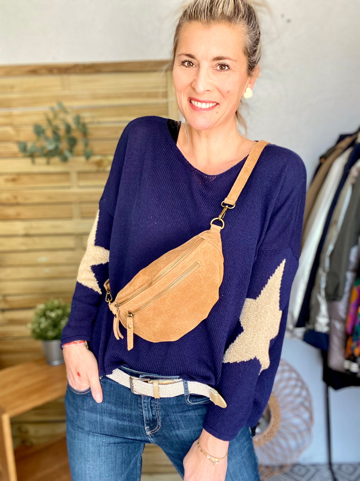 Sac banane double poche en cuir daim - OPALINE - Camel