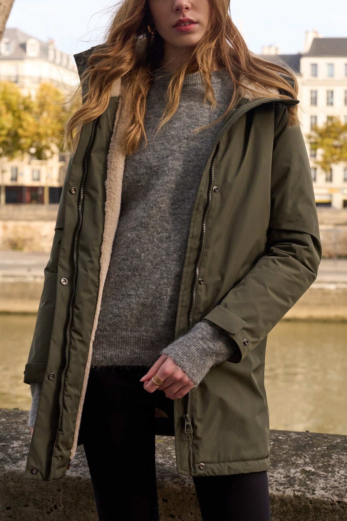 LAURA JO - Parka fourrée imperméable AMBRE LONG - Kaki / Beige
