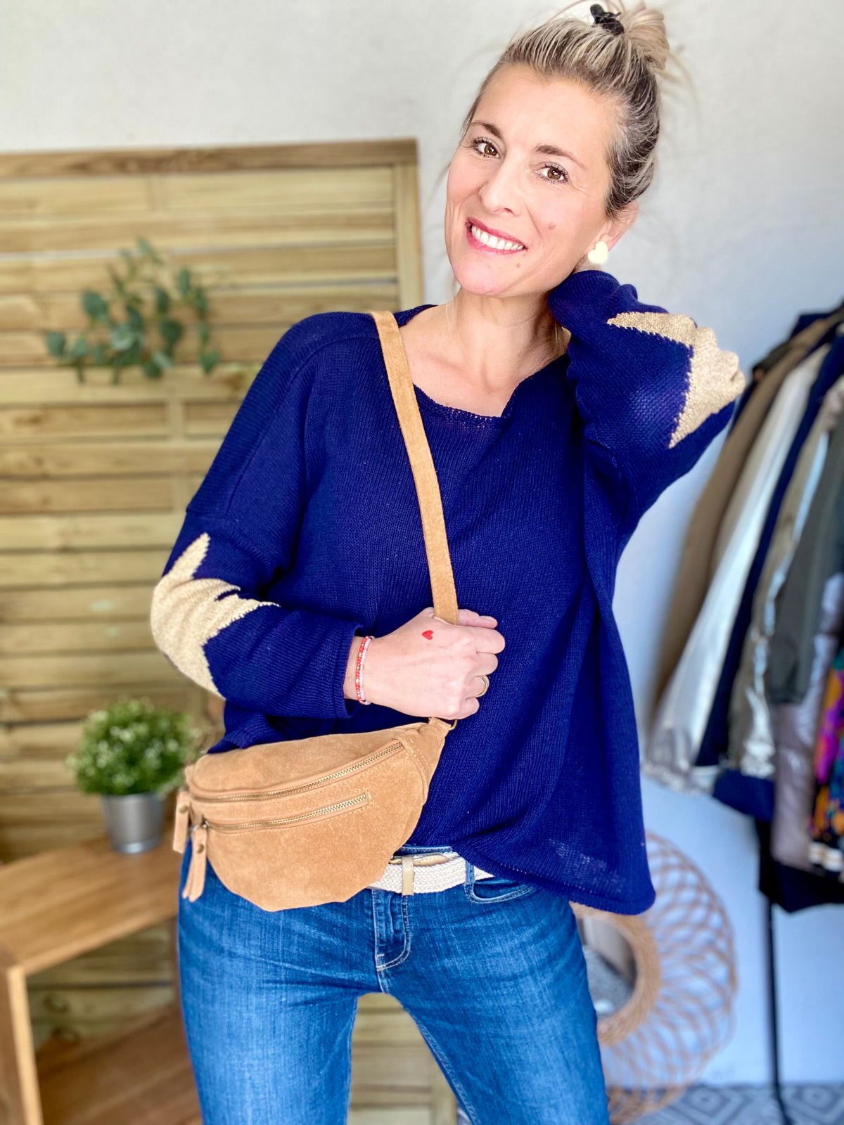 Sac banane double poche en cuir daim - OPALINE - Camel