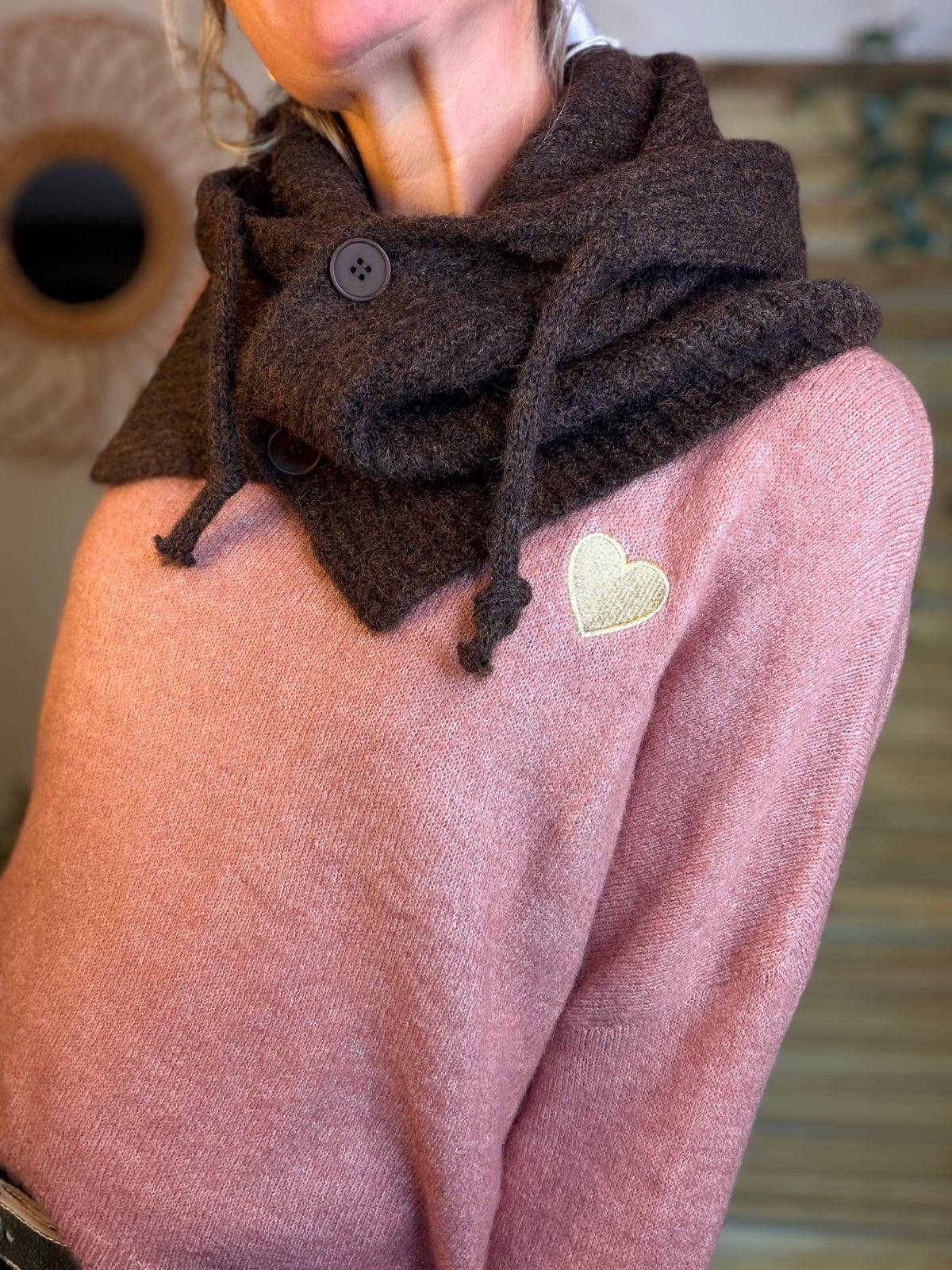 Pull léger en maille cœur doré brodé 💛 MELISSA - Vieux rose