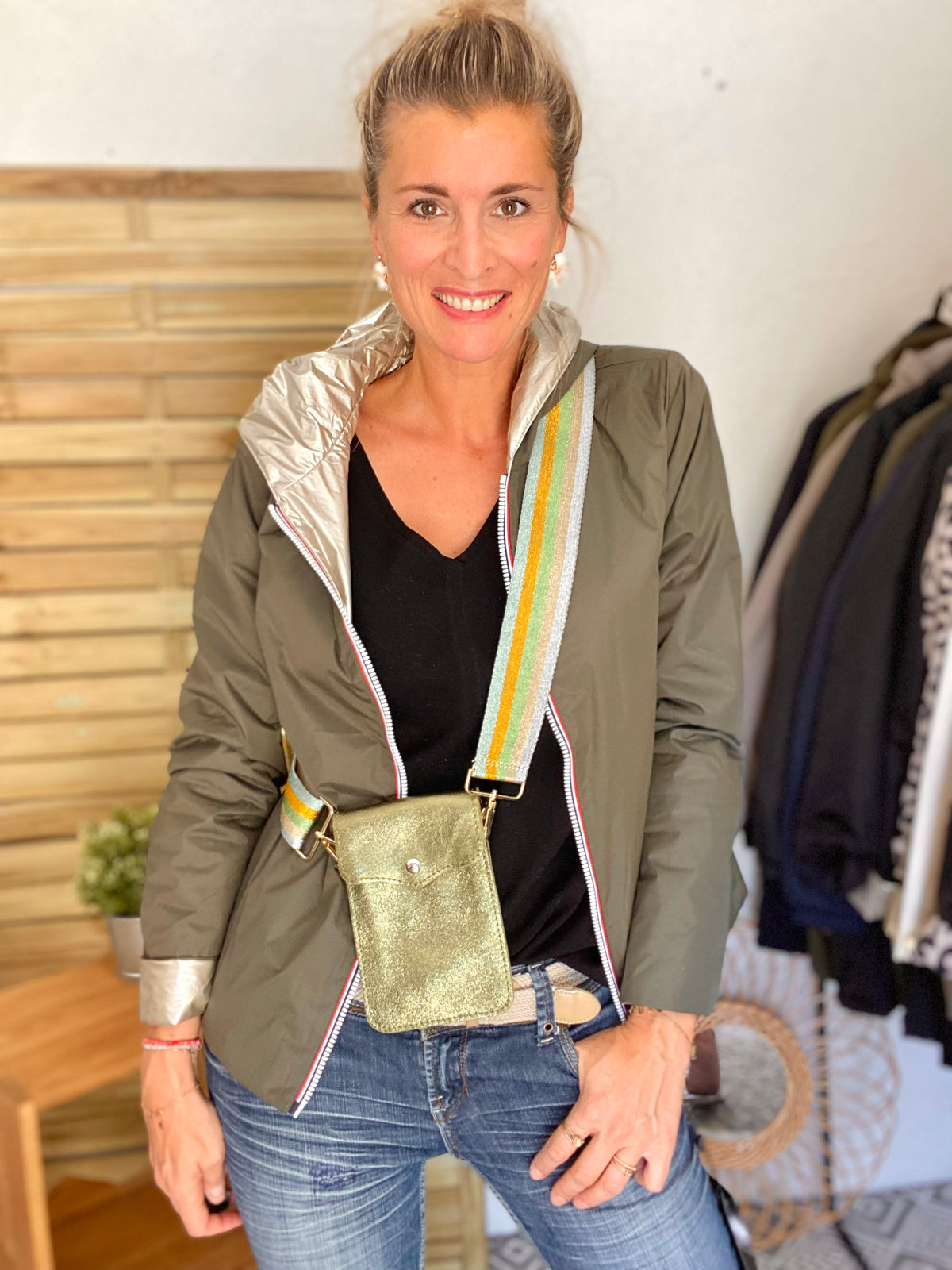 Pochette bandoulière en cuir irisé - FLORE - Kaki (7 coloris)
