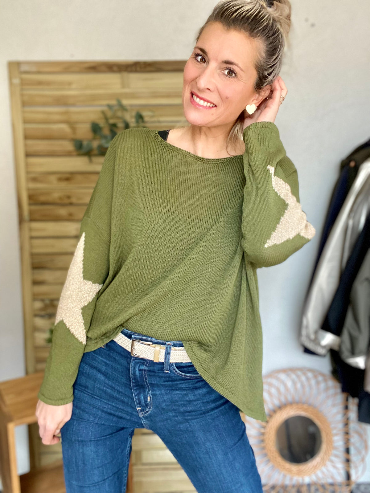 Pull Oversize étoiles dorées ⭐️ ALBA - Kaki - FIN DE SÉRIE