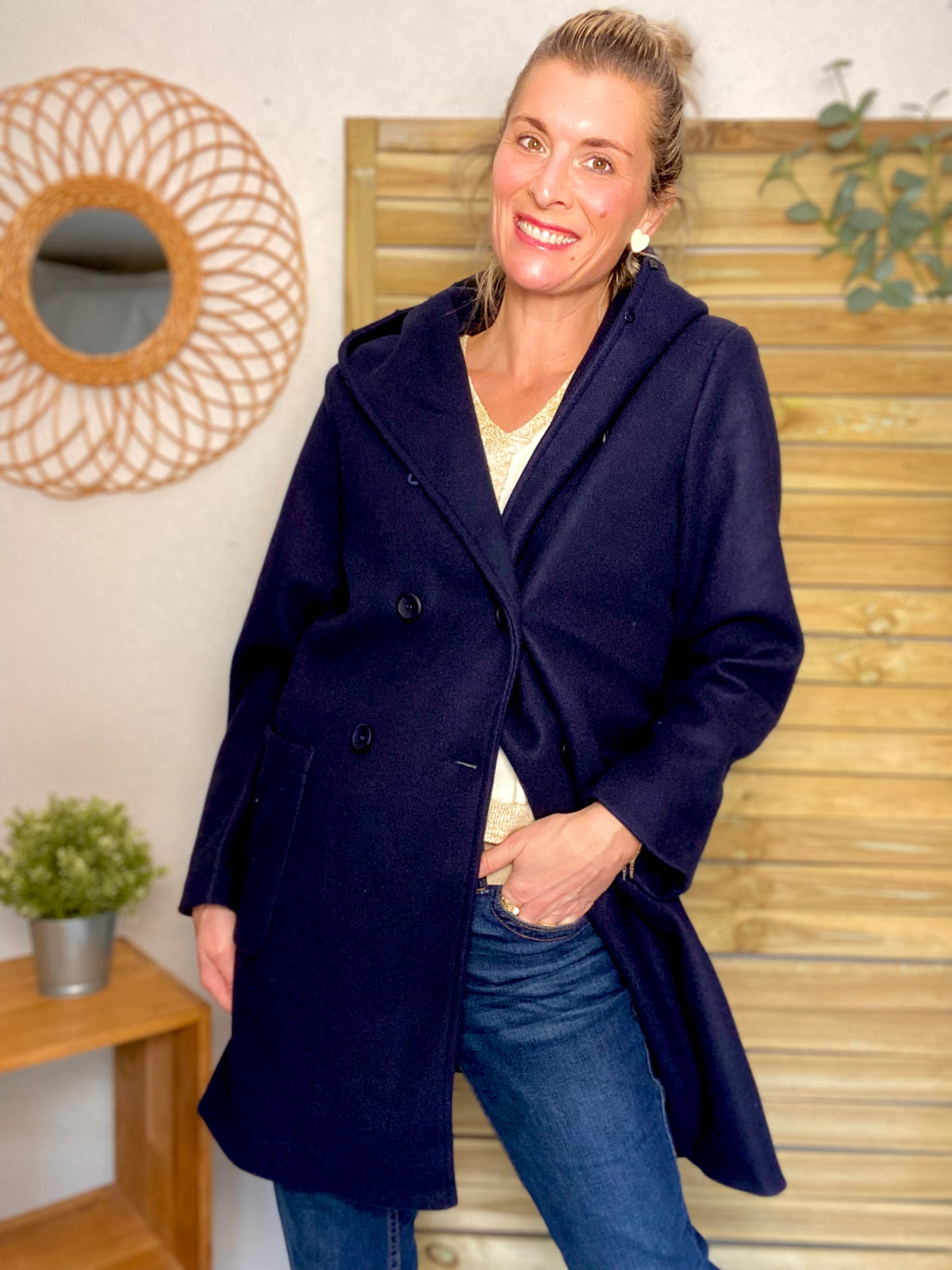 LAURA JO - Manteau caban ESTHER avec capuche et col fausse fourrure amovible - Bleu marine - FIN DE SÉRIE
