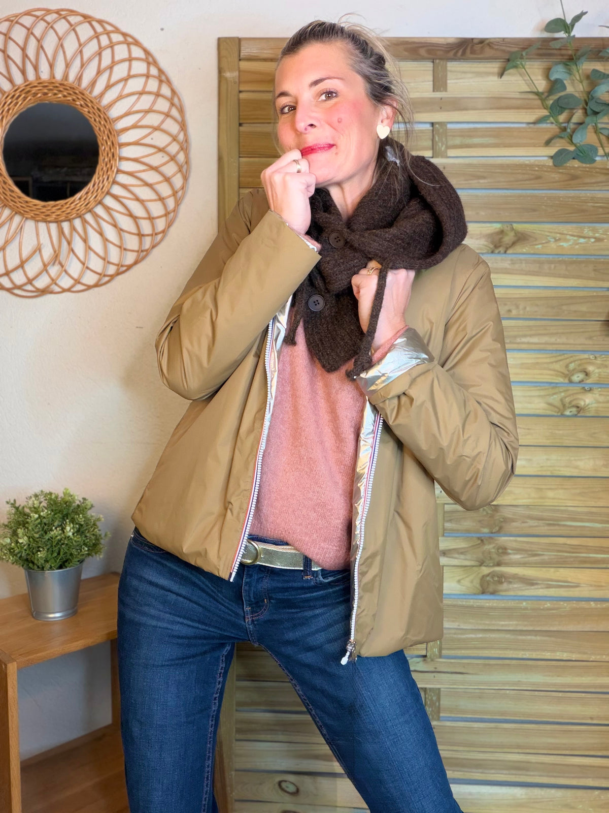 Pull léger en maille cœur doré brodé 💛 MELISSA - Vieux rose