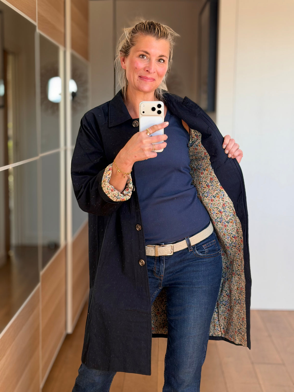 Veste Trench en coton Bleu marine avec Liberty - MAHAUT MI LONG - LILI et LALA (DÉSTOCKAGE sur Taille S)