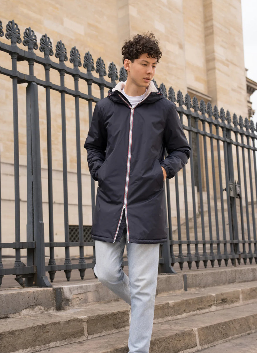 LAURA JO - Parka Imperméable Homme LOUIS* LONG Bleu marine / sherpa écru • DÉSTOCKAGE sur Taille S