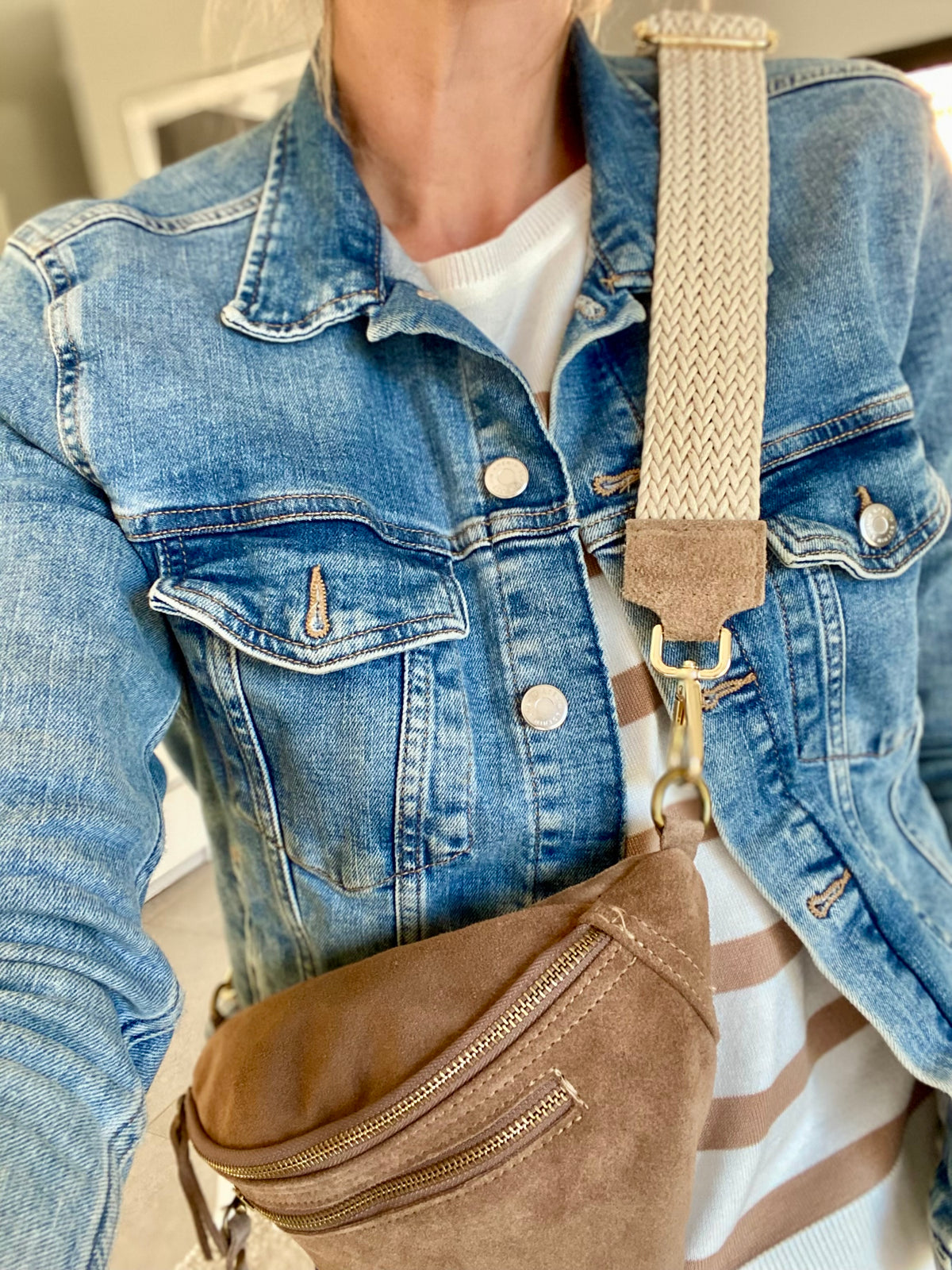 Sac banane double poche en cuir daim - OPALINE - Taupe