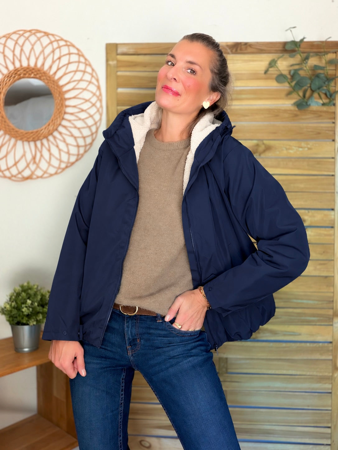 LAURA JO - Imperméable fourré sherpa EVA court - Bleu marine