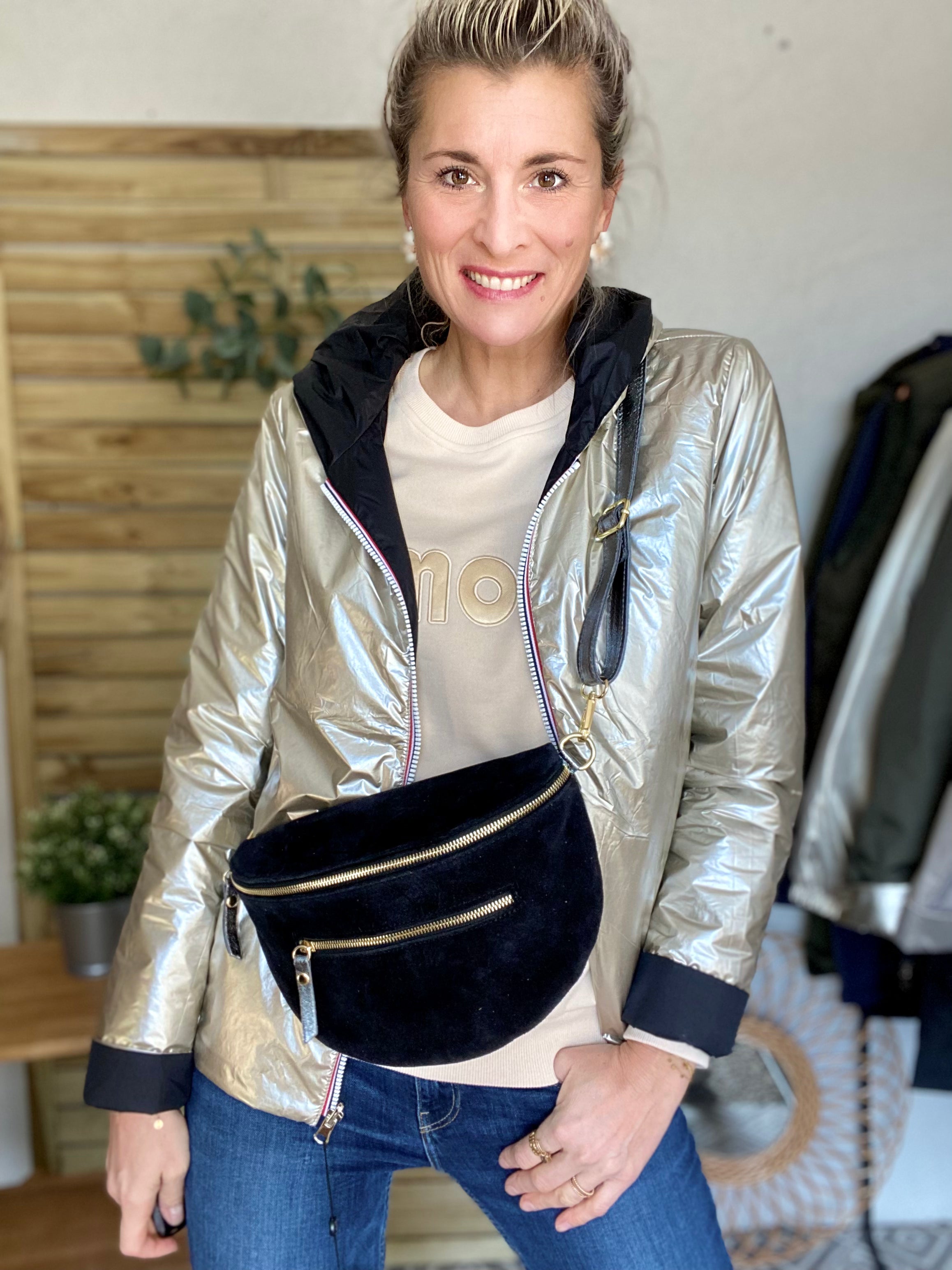 Sac banane XL 2 zips en cuir velours et irisé 30cm TERRY - Noir