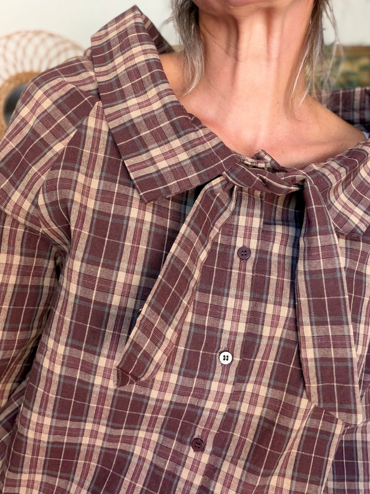 Chemise motif tartan prune col lavallière large LUCILE