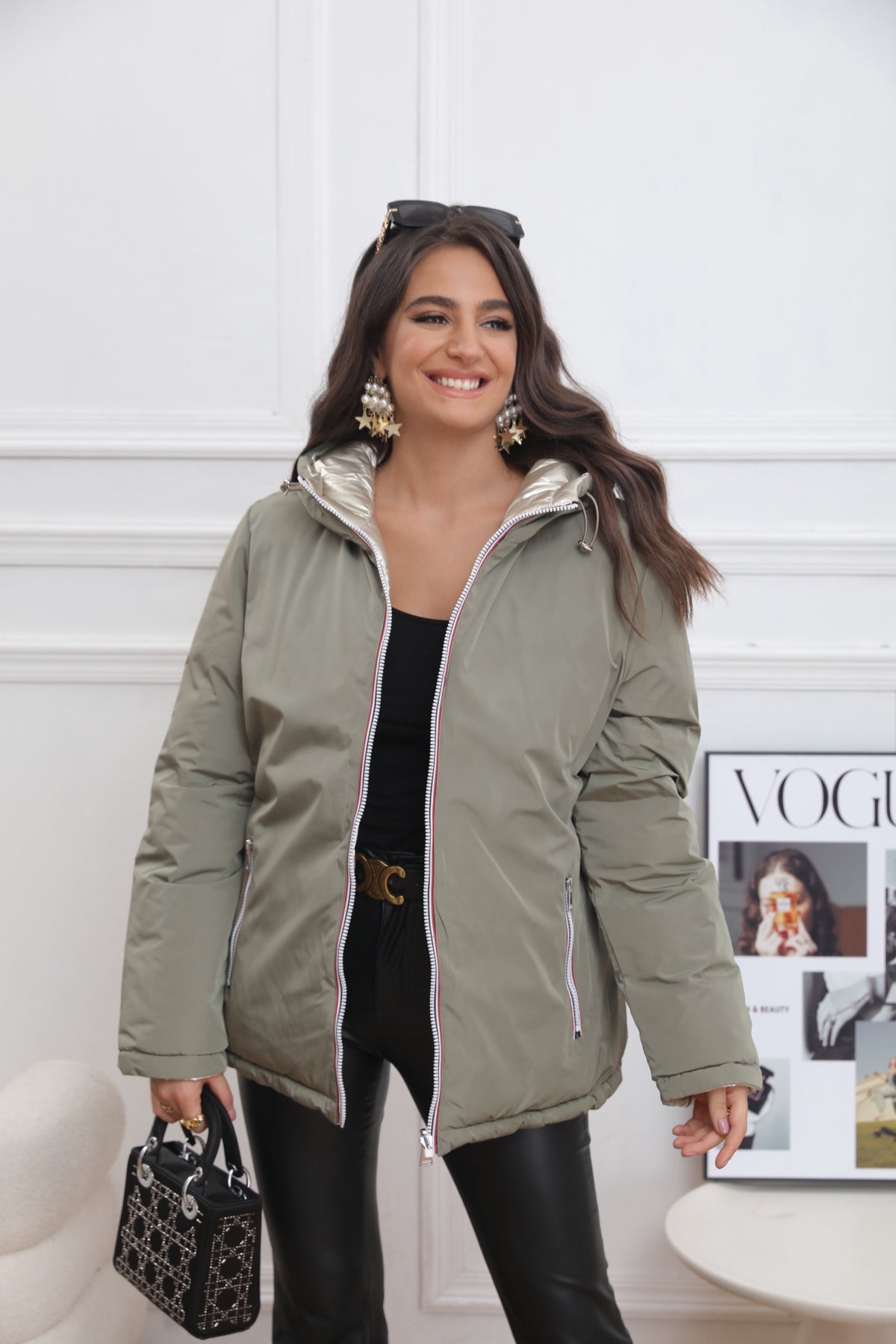 Doudoune imperméable réversible ANGÈLE COURT - Kaki clair - MELYA MELODY (DÉSTOCKAGE sur Taille S)