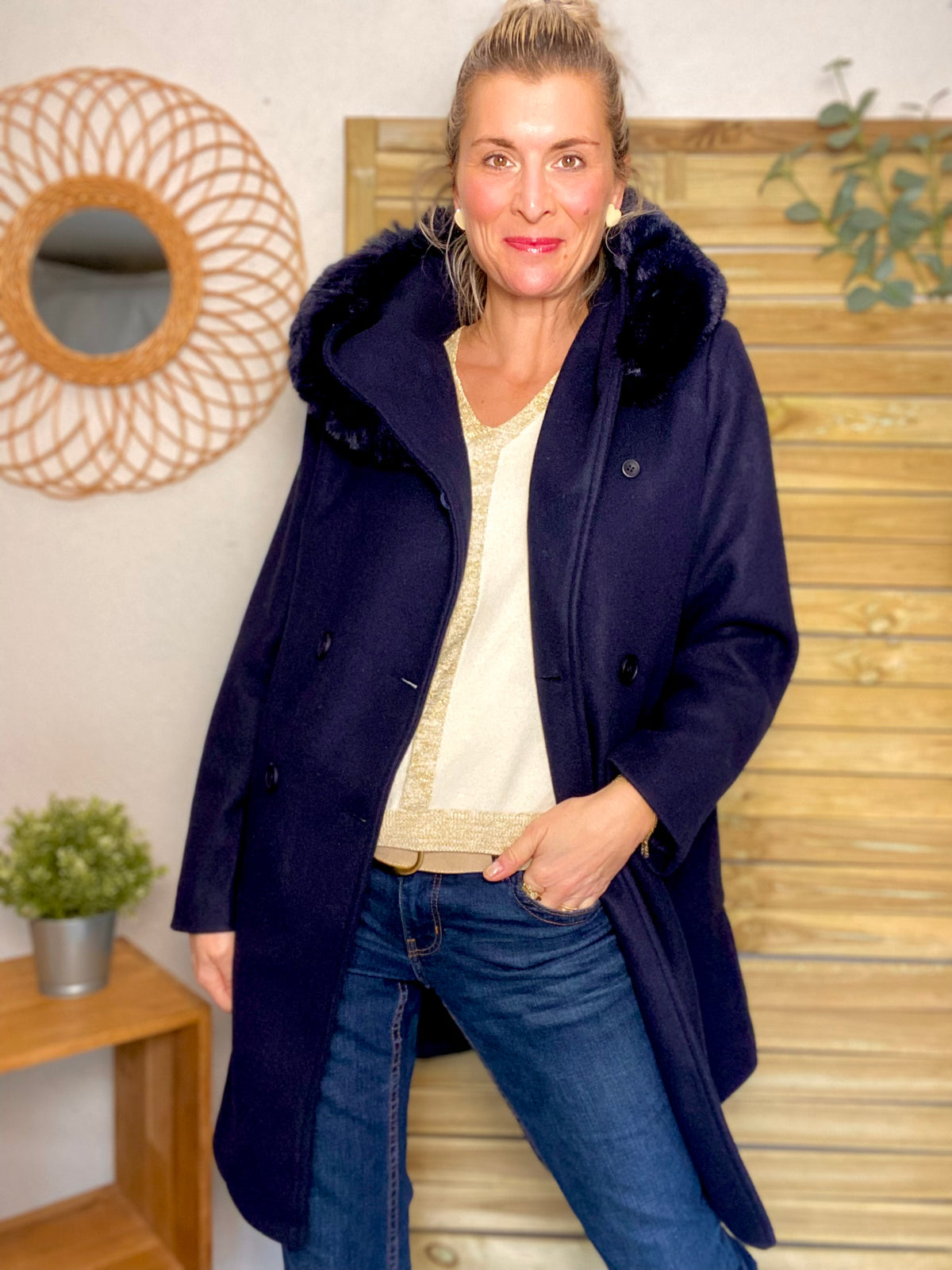 LAURA JO - Manteau caban ESTHER avec capuche et col fausse fourrure amovible - Bleu marine - FIN DE SÉRIE