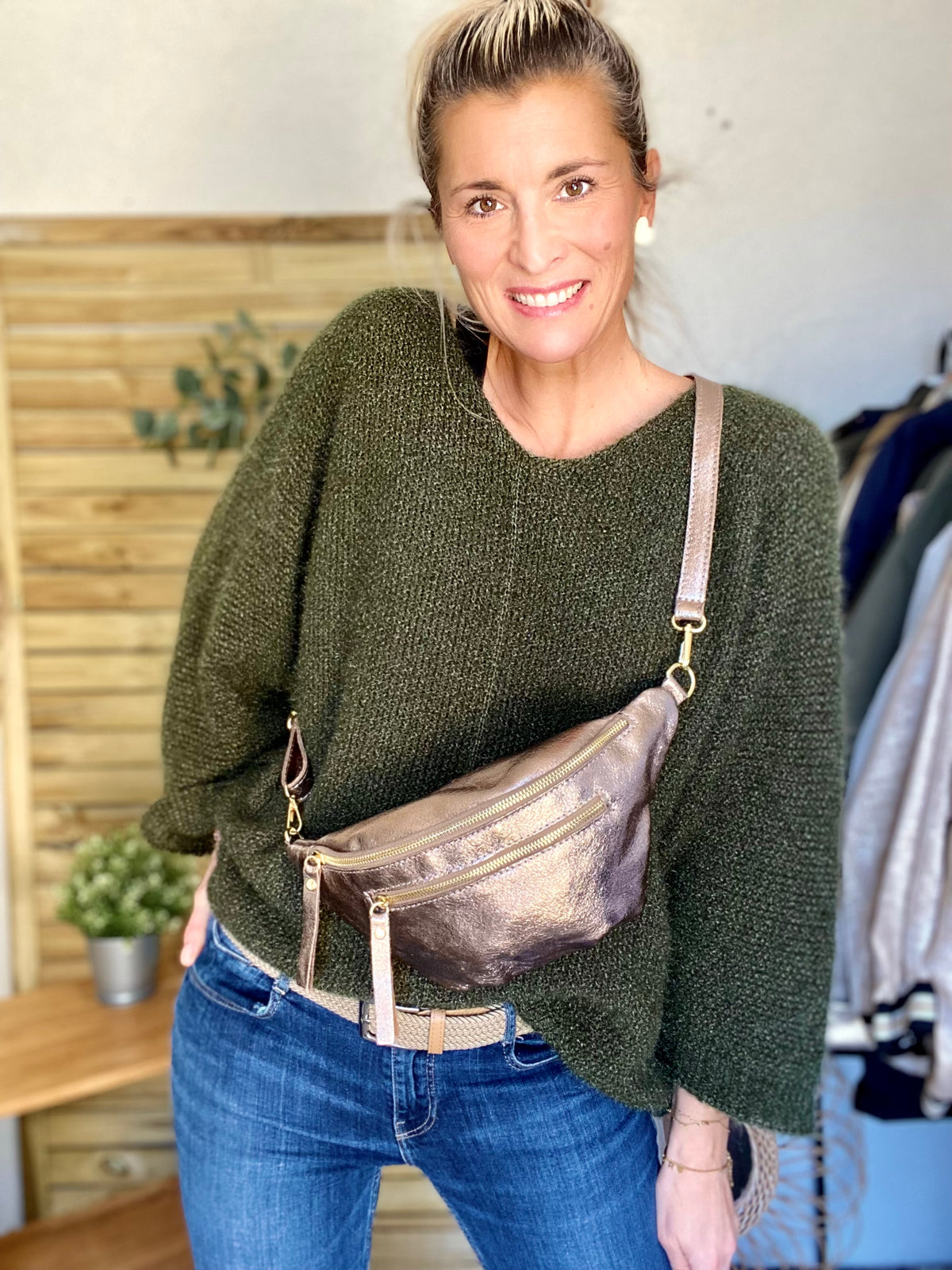 Sac banane en cuir irisé double poche - ERYN fronces - Bronze