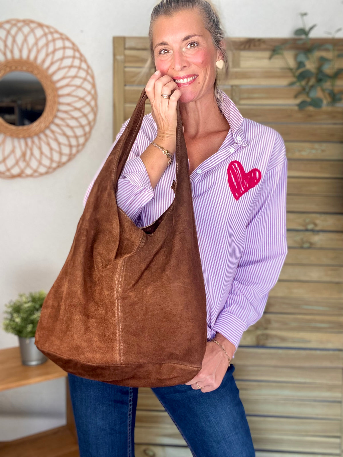Sac cabas hobo cuir daim MARLON - Chocolat