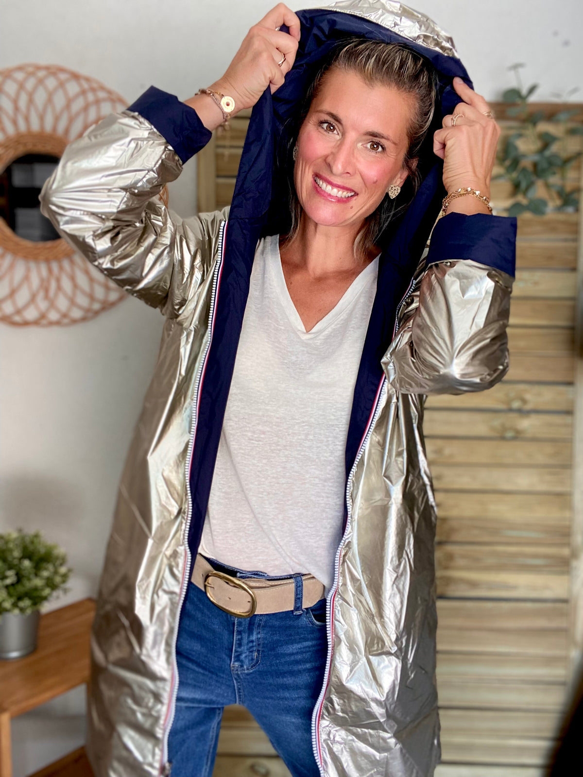 LAURA JO - Imperméable réversible rembourré LOUISON LONG - Marine/Doré