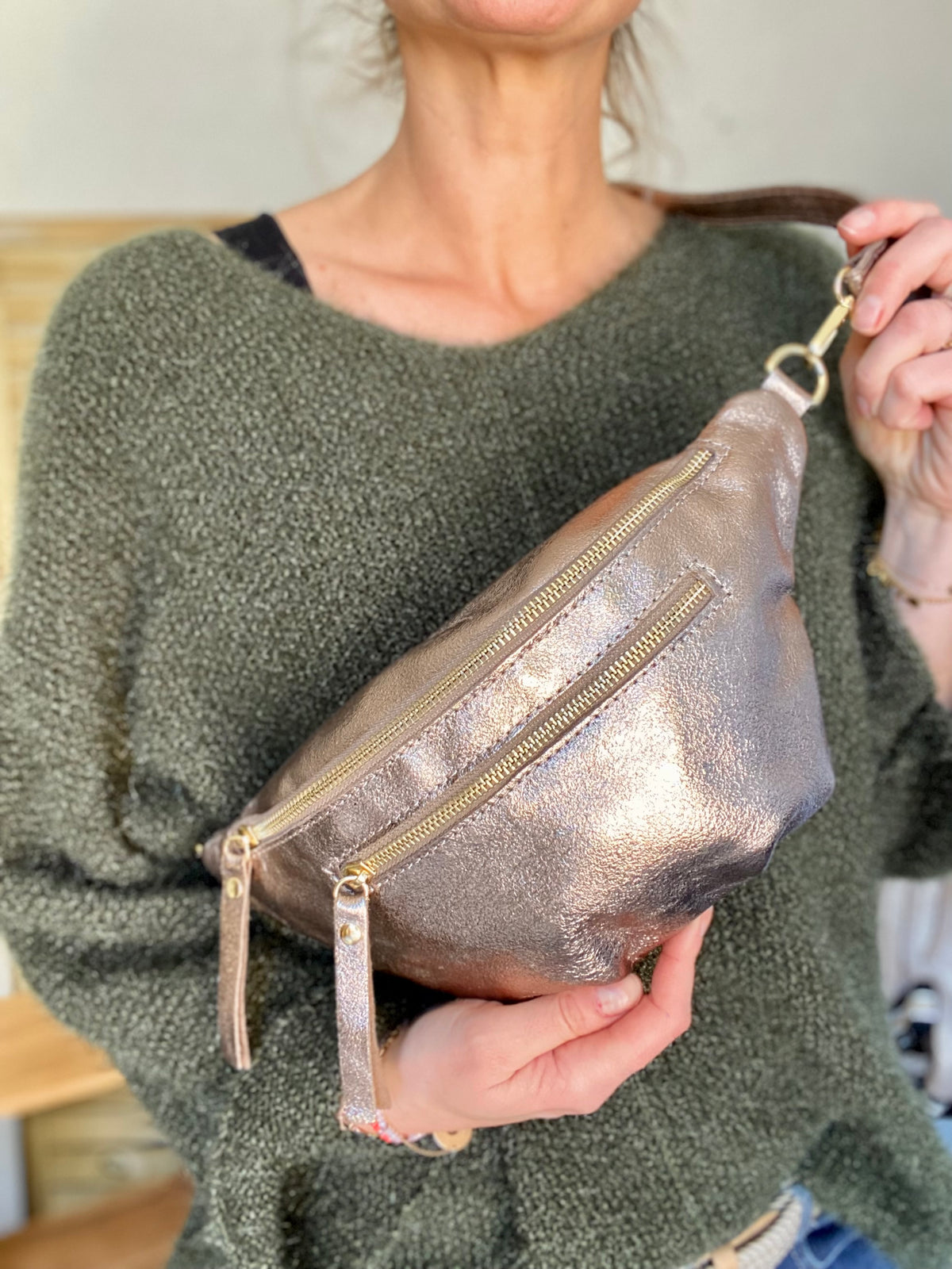 Sac banane en cuir irisé double poche - ERYN fronces - Bronze
