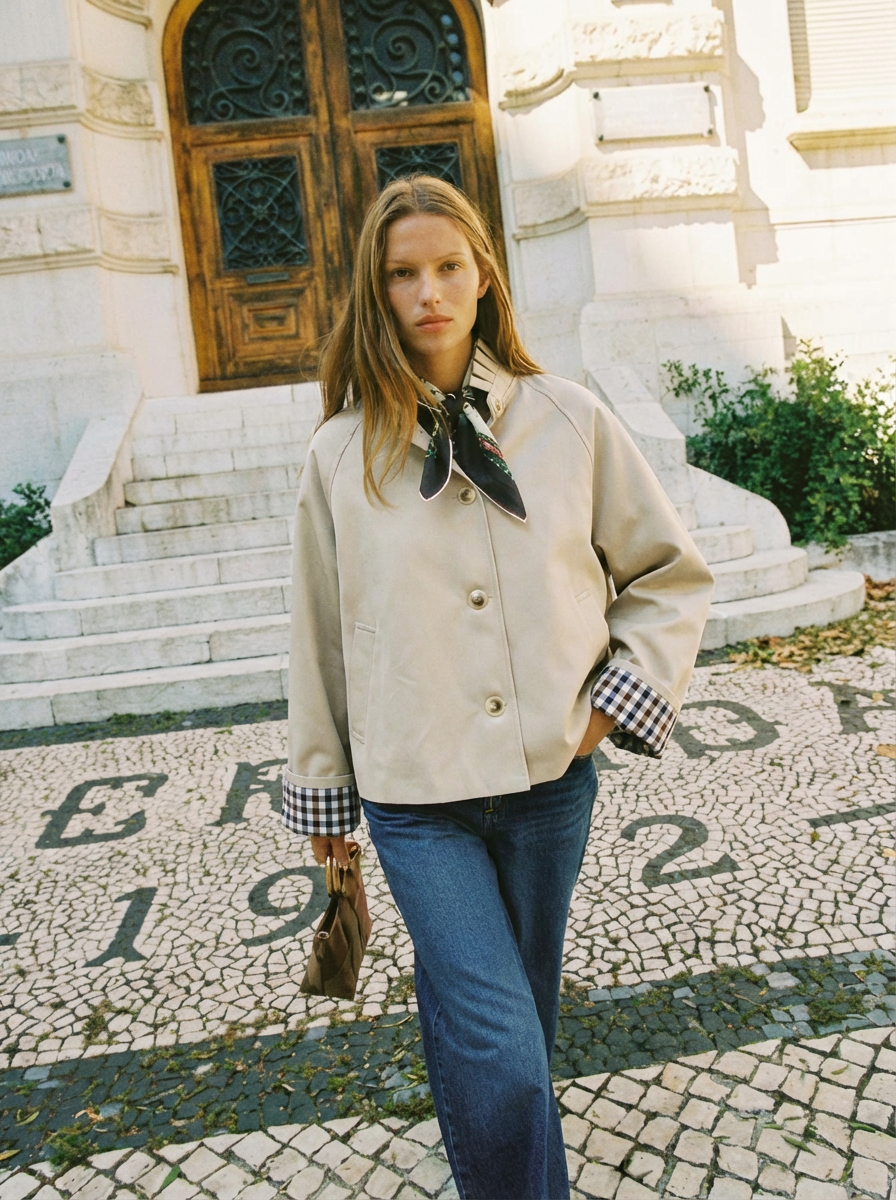 Veste Trench col victorien, revers carreaux - VICKY Beige