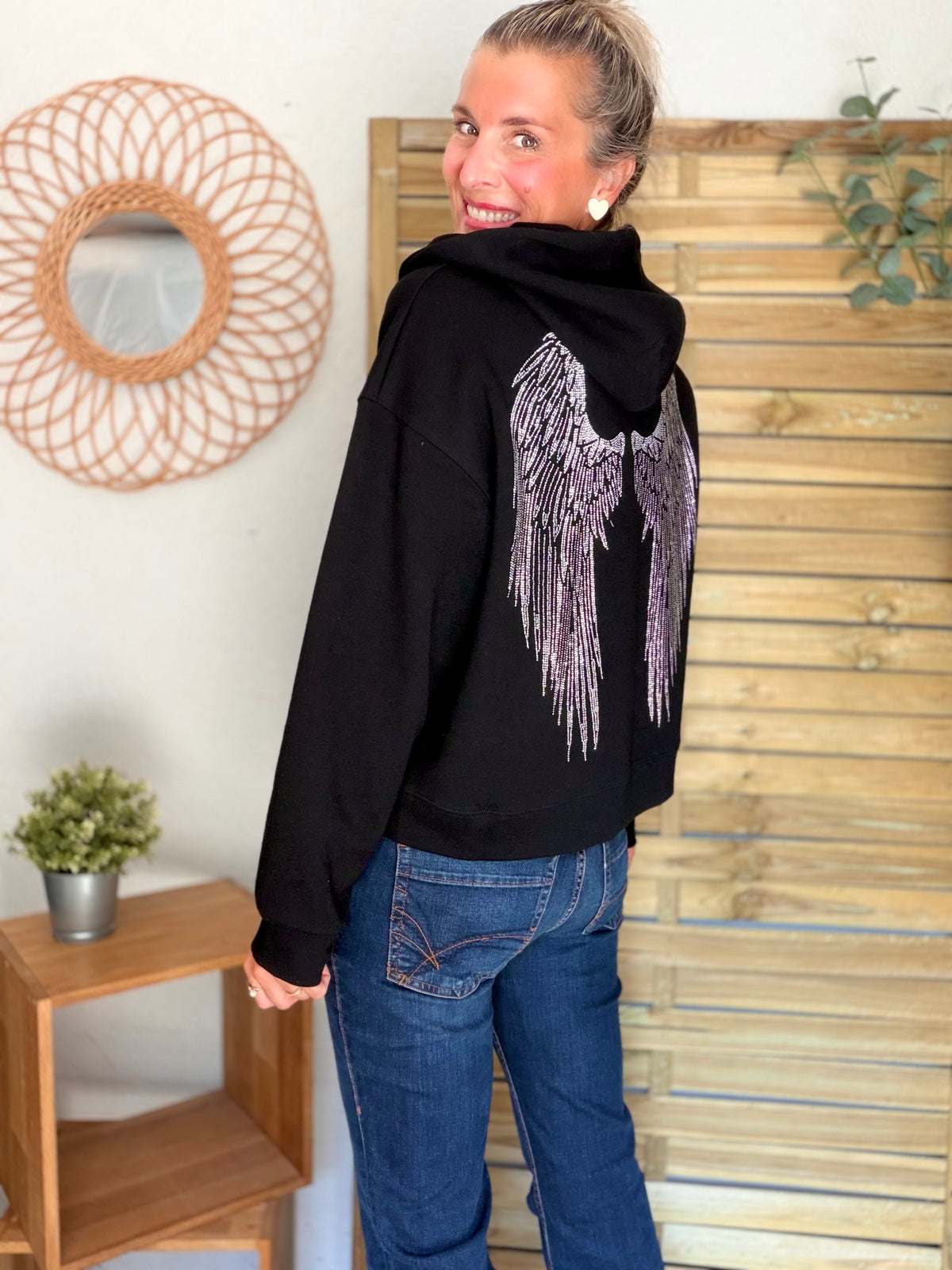 Hoodie sweat gilet strass (ailes) CLOTHILDE - Noir
