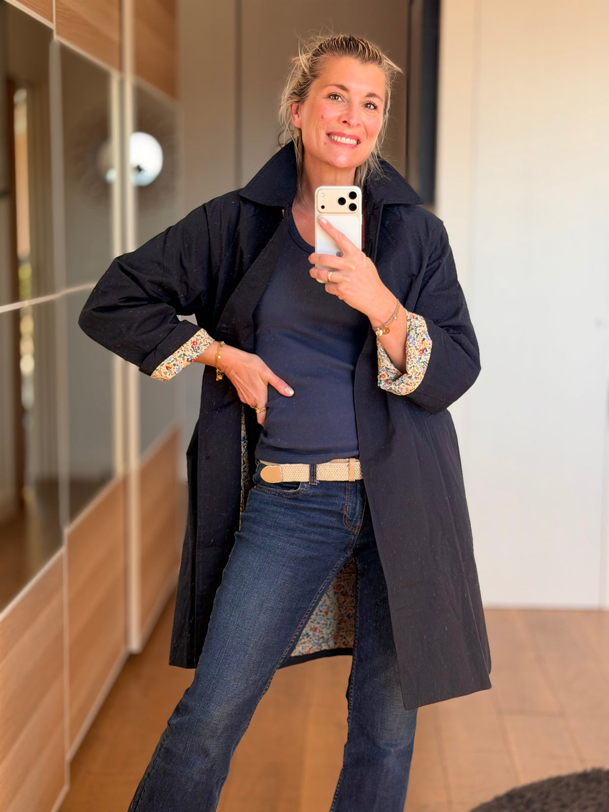 Veste Trench en coton Bleu marine avec Liberty - MAHAUT MI LONG - LILI et LALA (DÉSTOCKAGE sur Taille S)