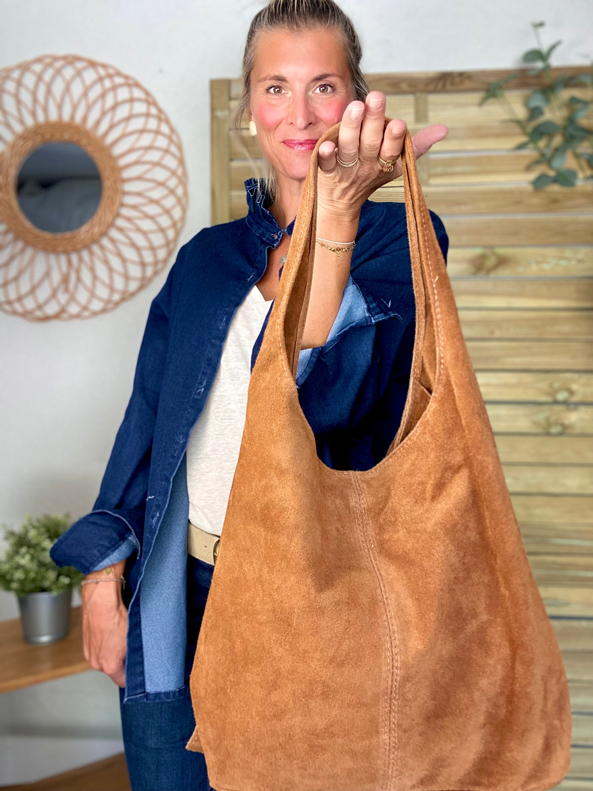 Sac cabas hobo cuir daim MARLON - Camel