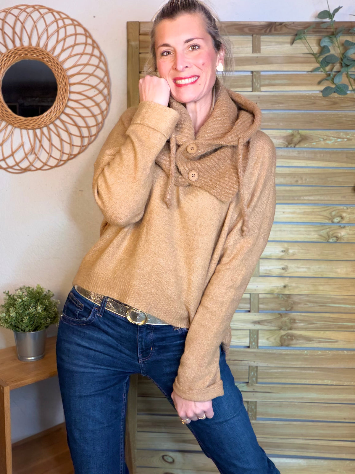 Col cagoule LORIE en maille avec boutons - Camel