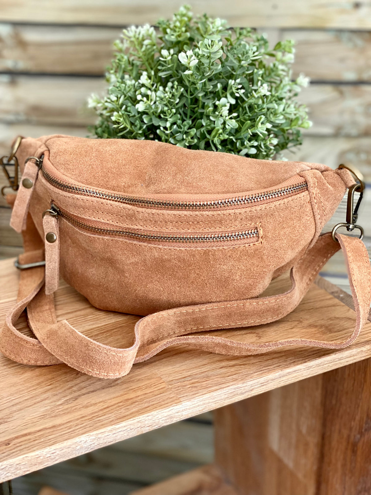Sac banane double poche en cuir daim - OPALINE - Camel