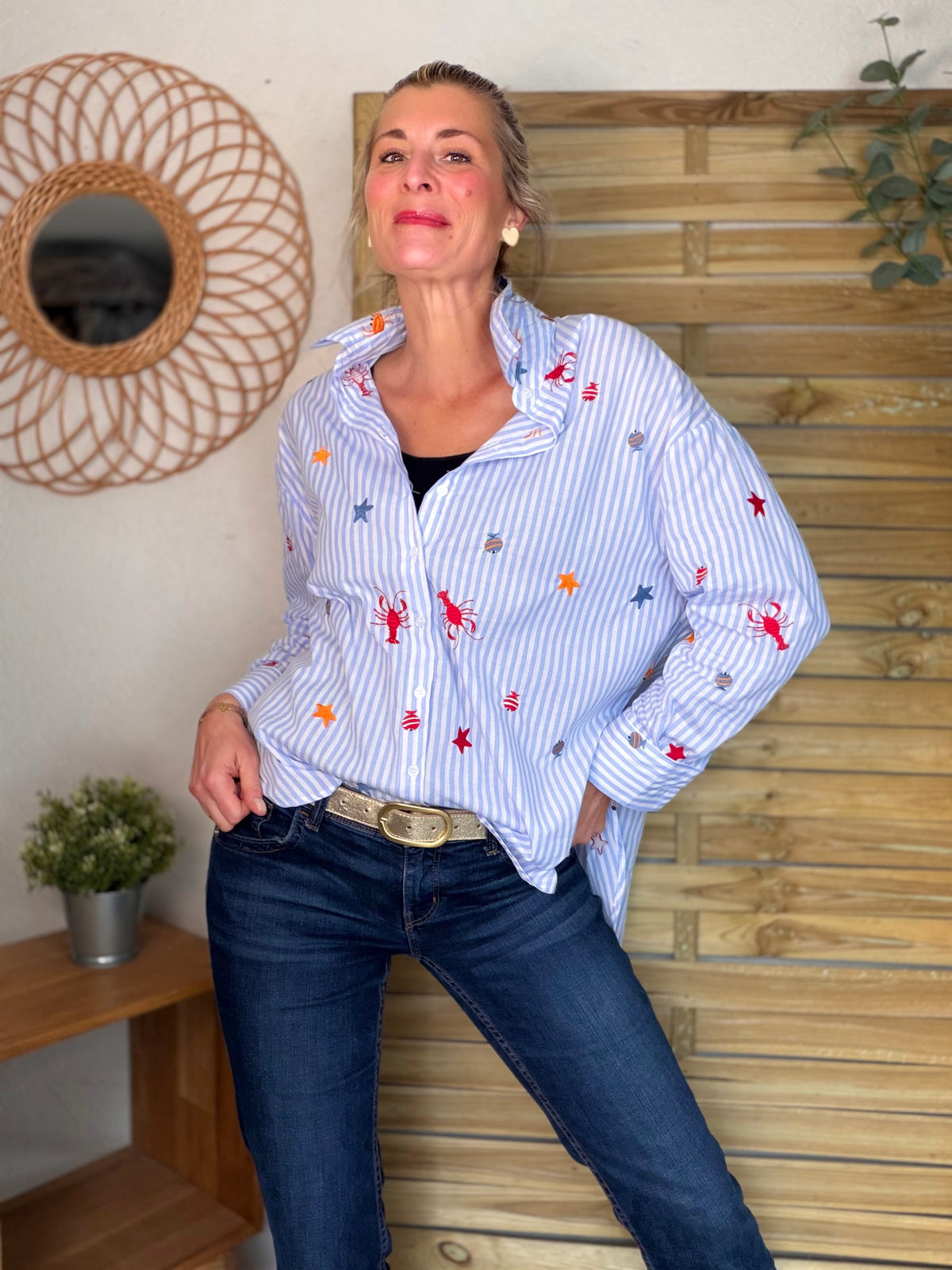 Chemise bleue à rayures coquillages et crustacés - ELORY - FIN DE SÉRIE
