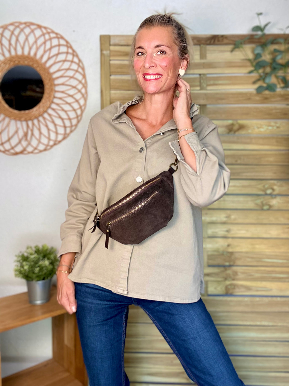 Sac banane double poche en cuir daim - OPALINE - Chocolat