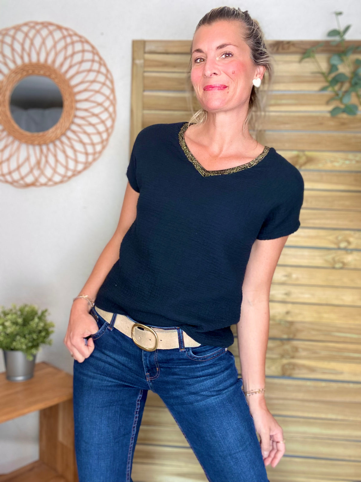 Top en gaze de coton et lurex MARTA - Noir