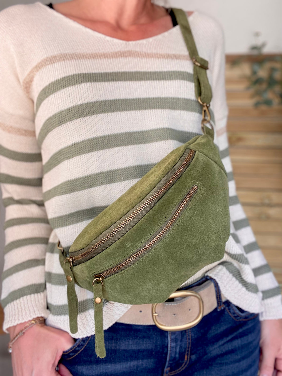 Sac banane double poche en cuir daim - OPALINE - Vert Olive (Kaki clair)