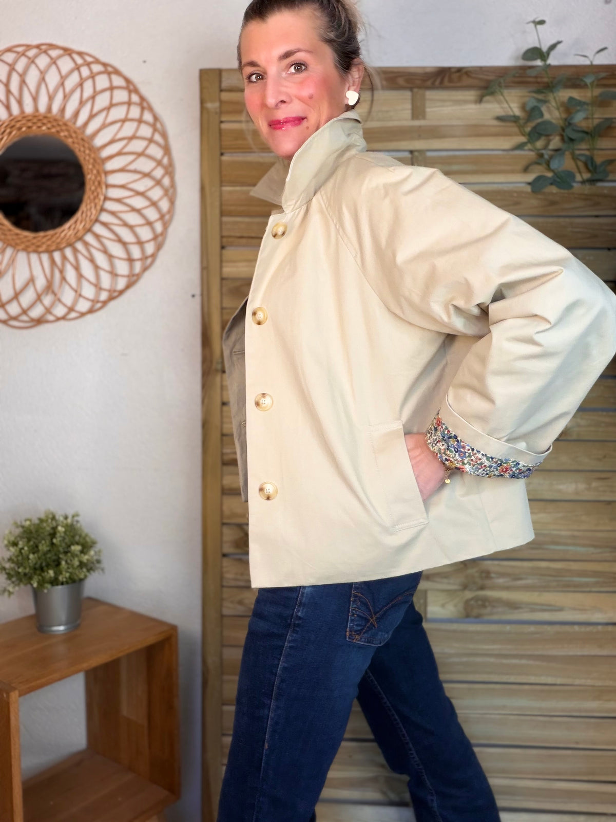 Veste Trench en coton beige avec Liberty - MARION (Taille 2 ans à la Taille XL)
