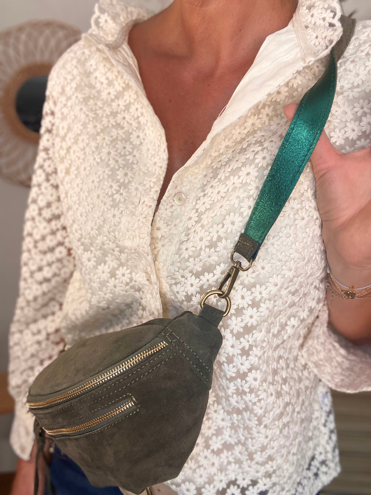 Sac banane double poche en cuir daim - OPALINE - Kaki foncé